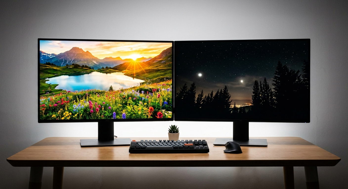 Side by side comparison of two monitor panels showing color and contrast differences