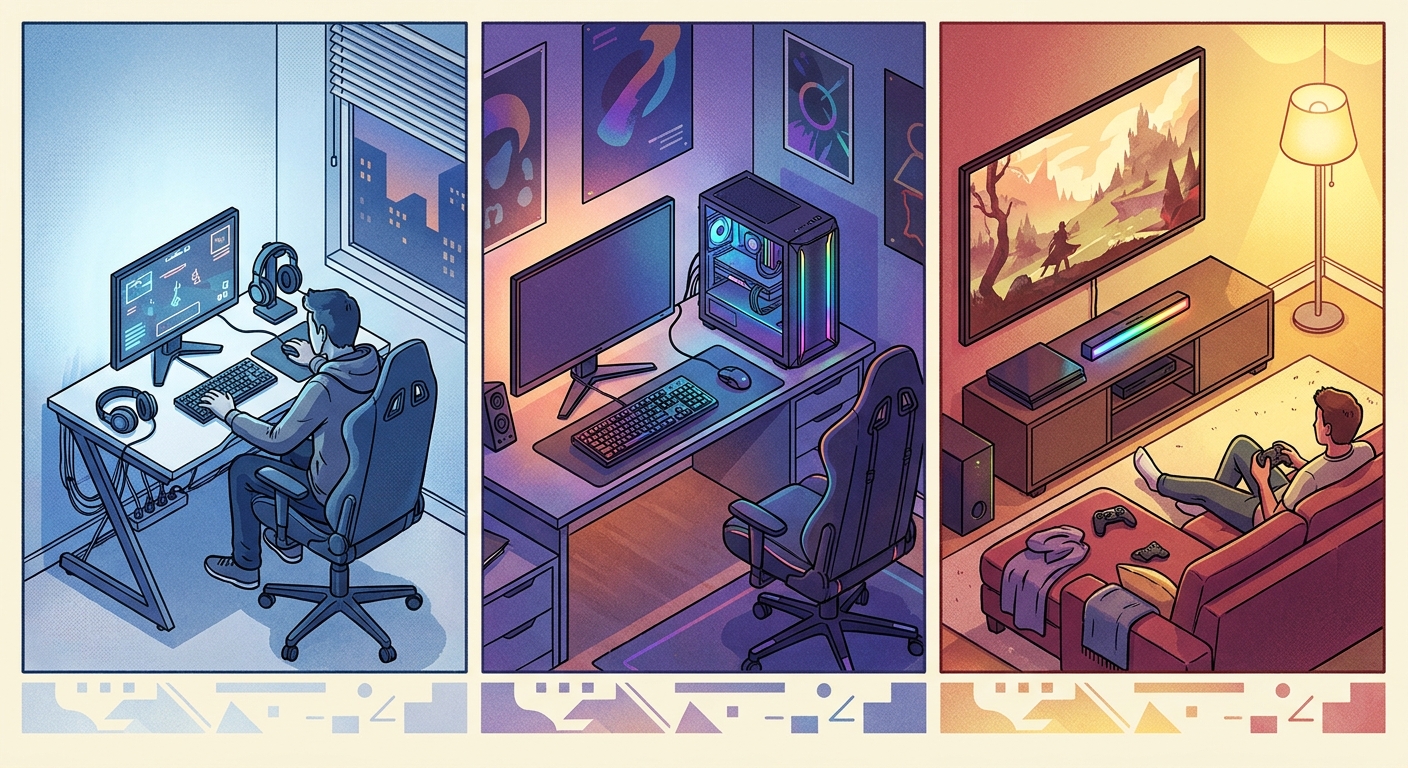Three gaming setups representing esports, 1440p and 4K play styles
