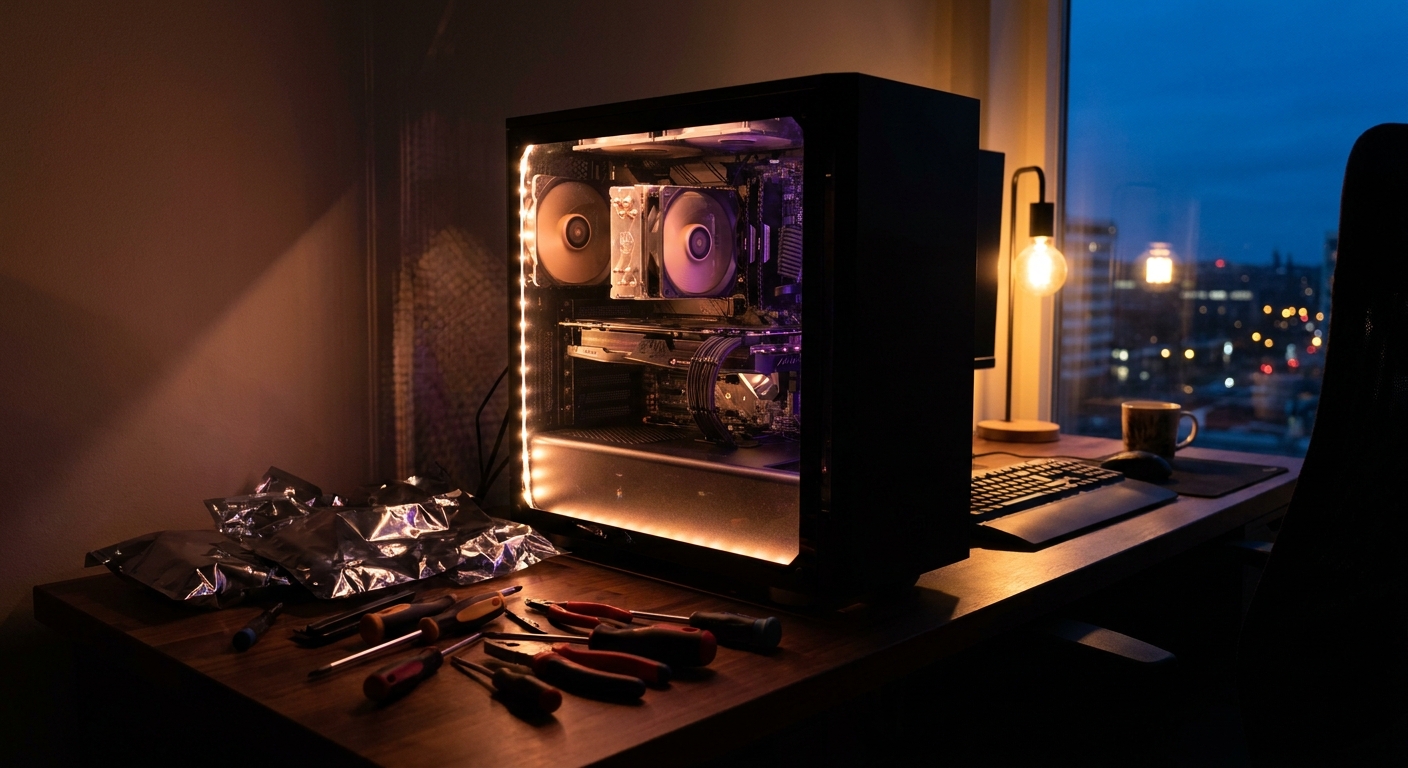 Completed gaming PC glowing on a desk after a successful build