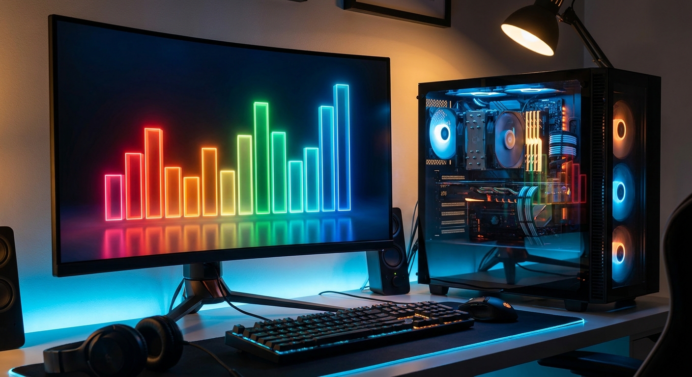 Gaming PC running a benchmark with performance graphs on screen