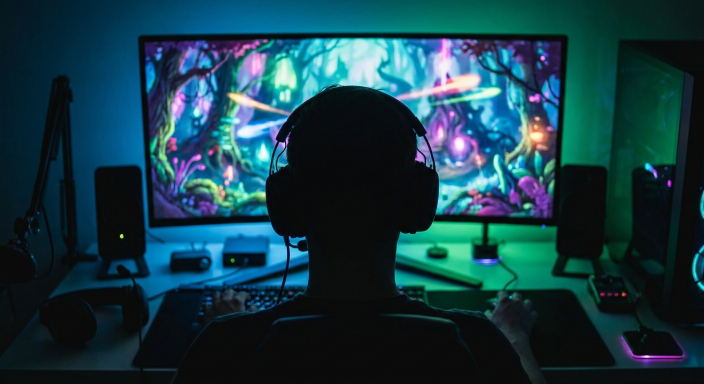 Gamer at a desk watching a game load instantly on screen