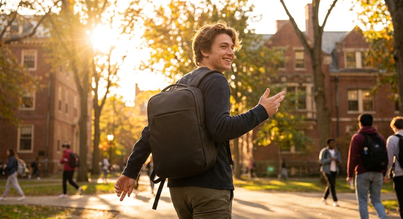 Student carrying a laptop backpack across a campus at golden hour