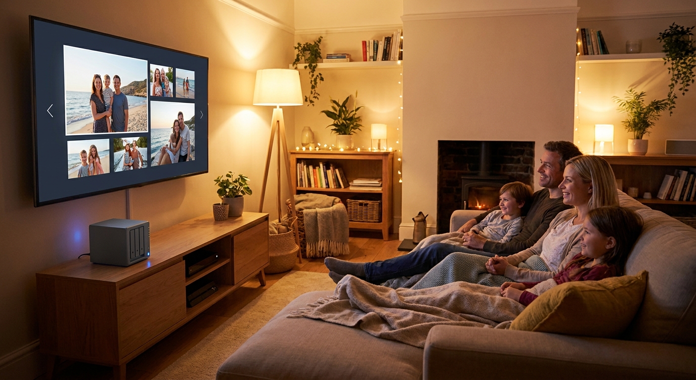 Family viewing photos streamed from a home NAS on a living room TV