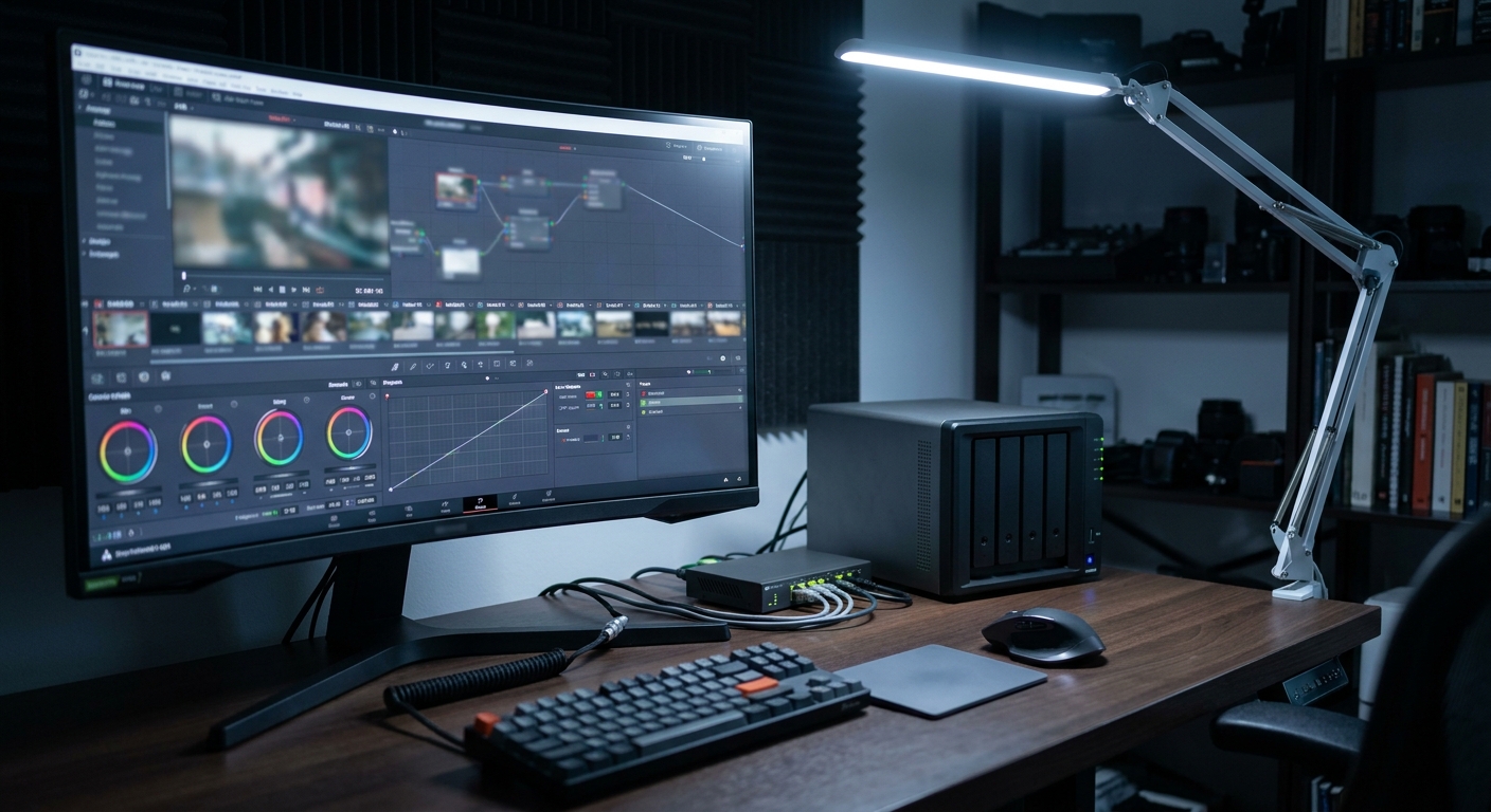 Video editor working with footage stored on a network drive in a studio