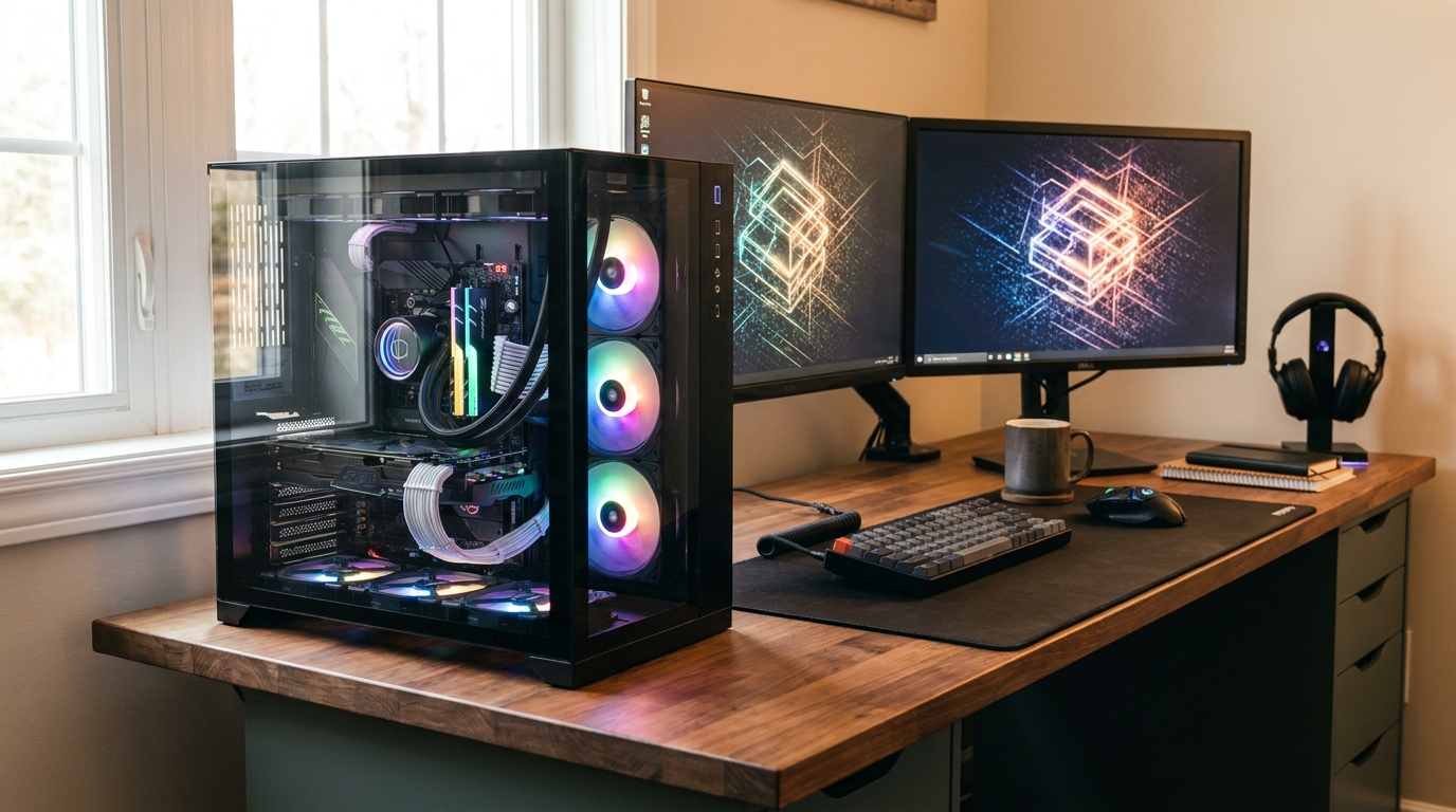 Gaming and productivity workspace centered on a modern AM5 desktop PC build.