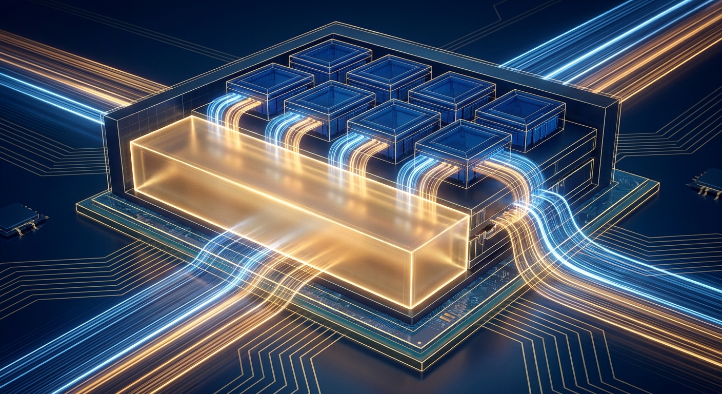 Cross-section illustration of stacked 3D V-Cache beneath CPU cores