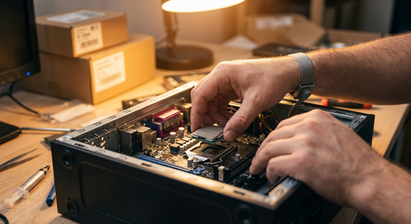 Hands installing a CPU into an open PC case