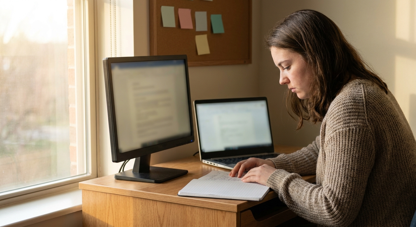 Student studying at a small dorm desk with an external monitor