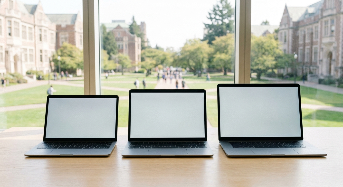 Three modern laptops arranged on a table near a campus window