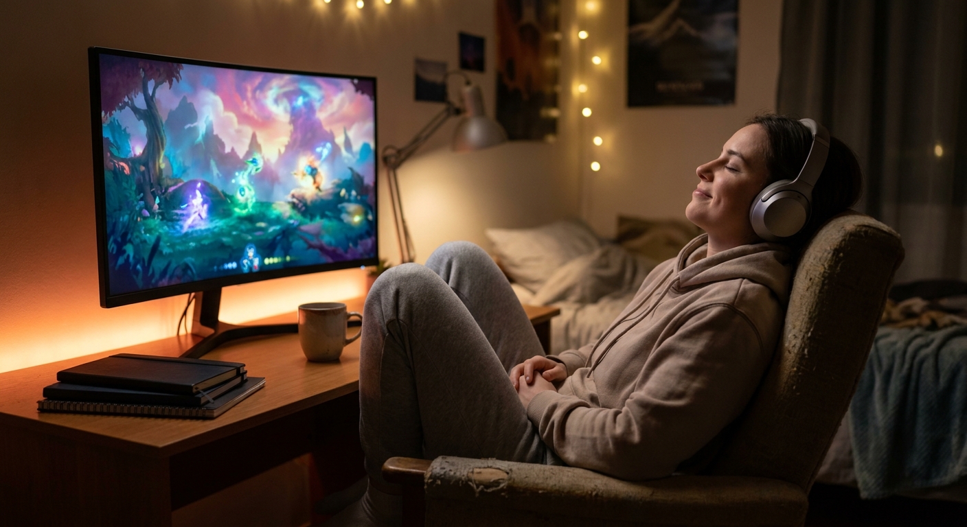 Student gaming with a wireless headset in a dim dorm room