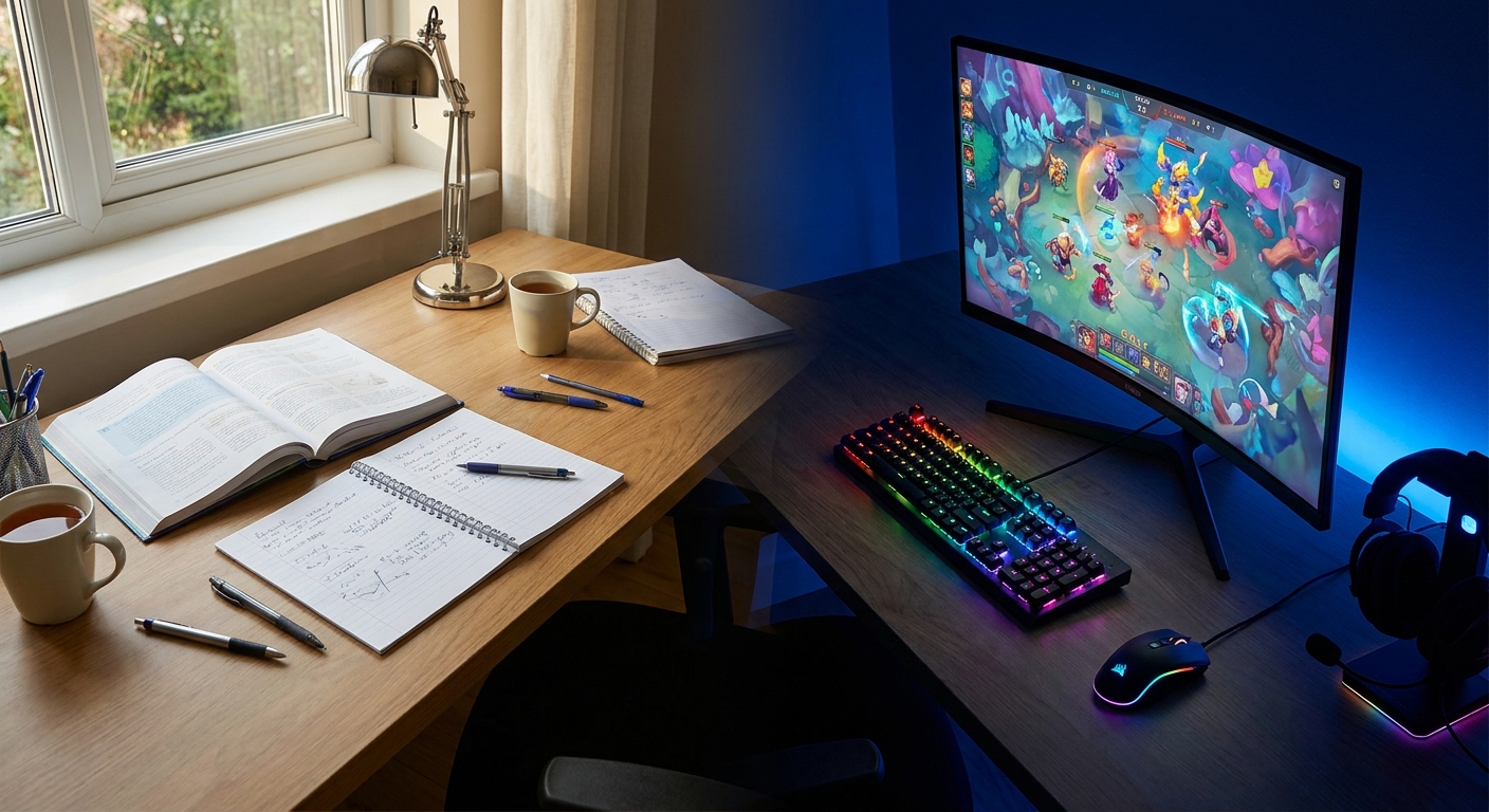 Desk setup split between daytime study and nighttime gaming Desk setup split between daytime study and nighttime gaming