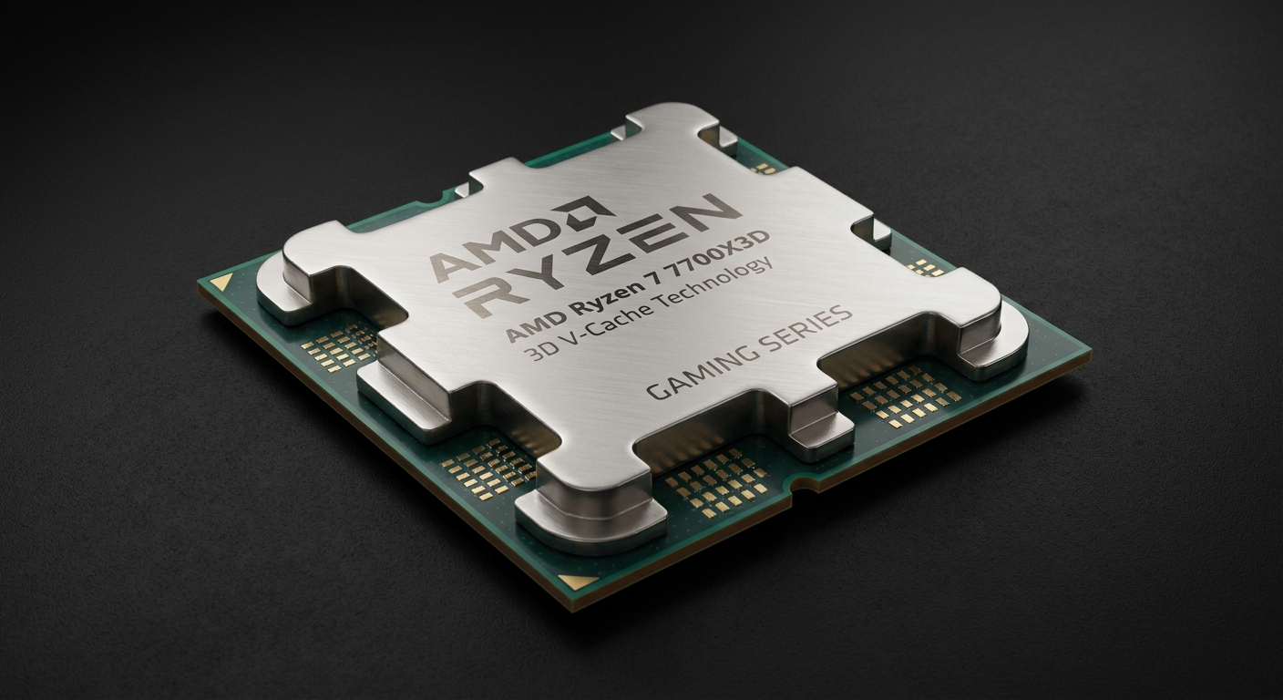 Detailed product render of a desktop CPU inspired by the AMD Ryzen 7 7700X3D.