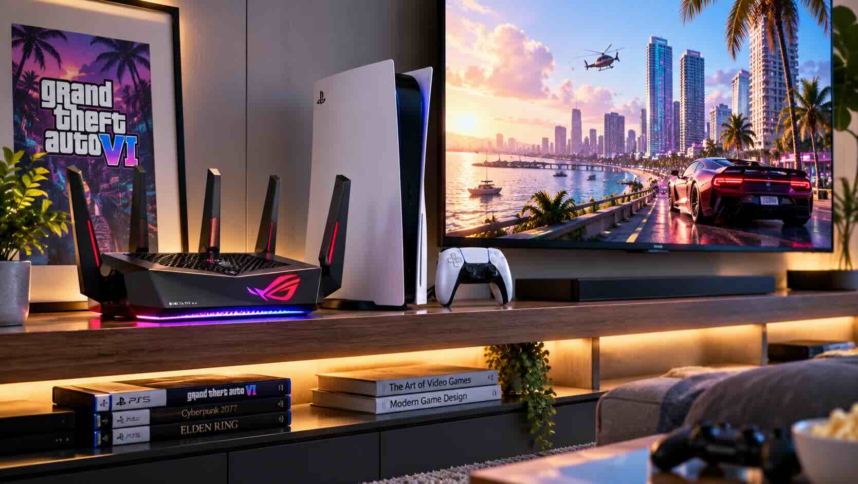 A router for GTA 6 sits on a living room shelf beside a modern game console showing a sunny neon coastal city.jpg