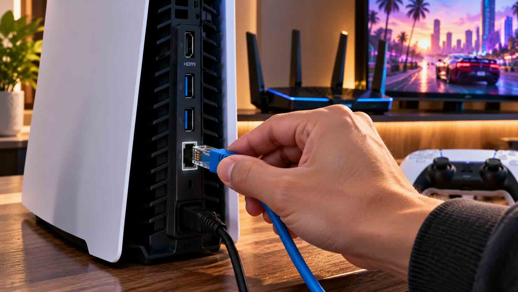 Close-up of a hand plugging a blue Ethernet cable into the back of a modern game console.jpg