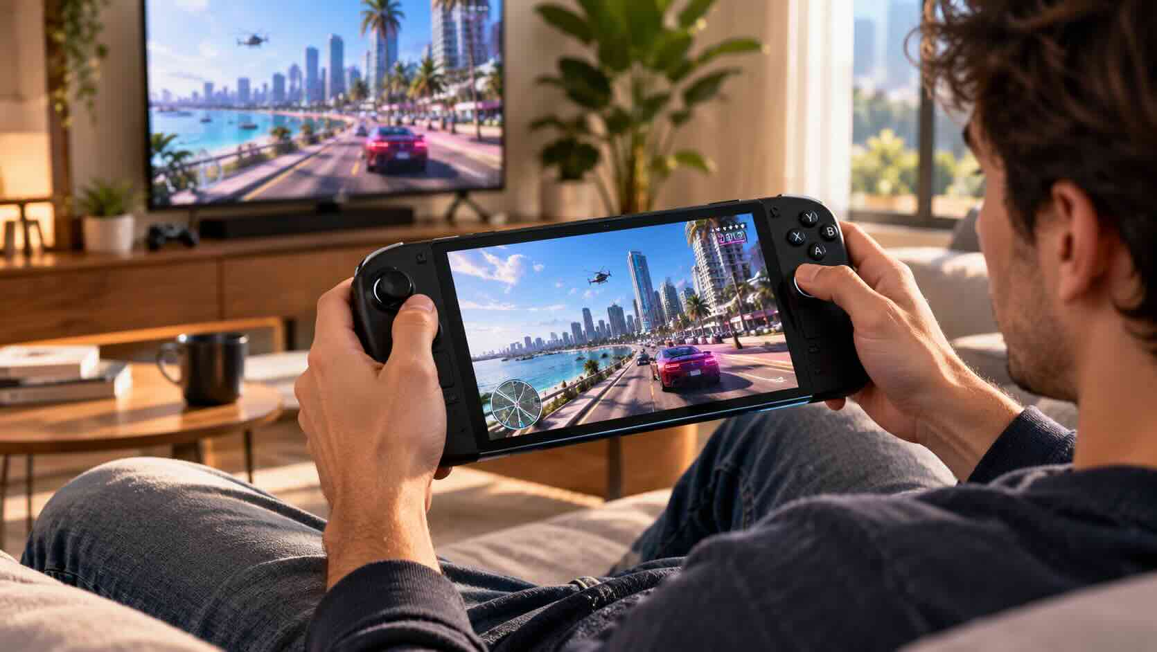 A person on a couch holding a handheld streaming device showing a sunny coastal city scene from an open-world game.jpg