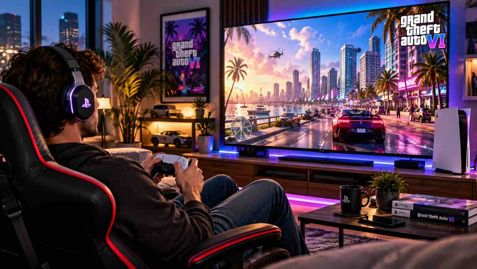 A comfortable GTA 6 gaming setup with a gaming chair, wireless controller and headset in front of a large TV.jpg