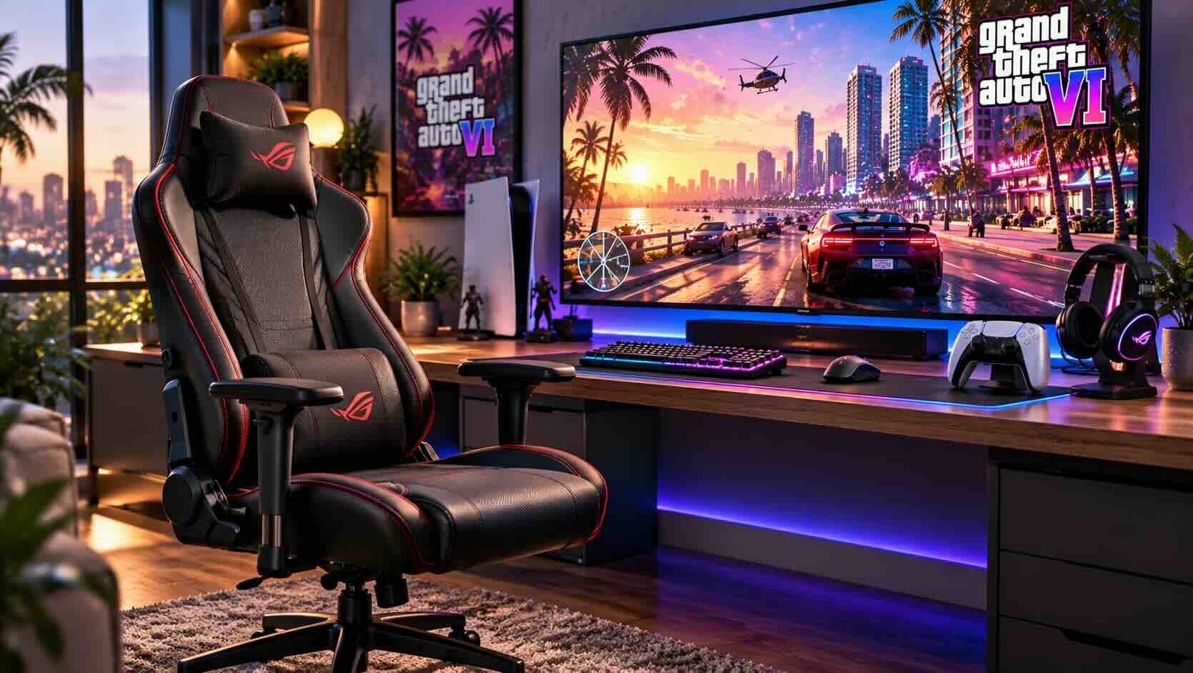 A gaming chair with adjustable armrests and lumbar pillow positioned at a desk for a GTA 6 gaming setup.jpg