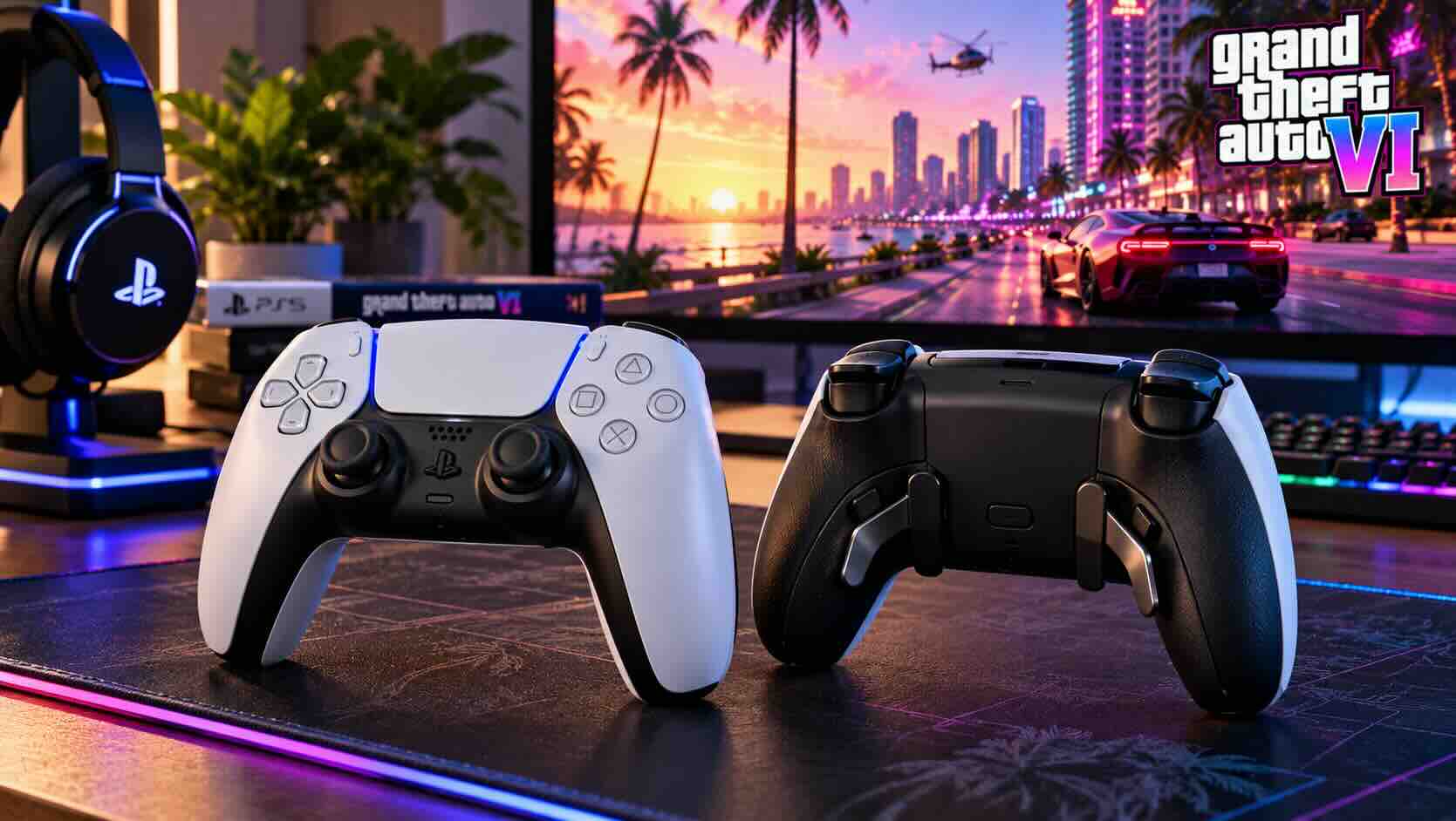 Two console controllers on a desk, one with rear back paddles visible, ready for a GTA 6 gaming setup.jpg