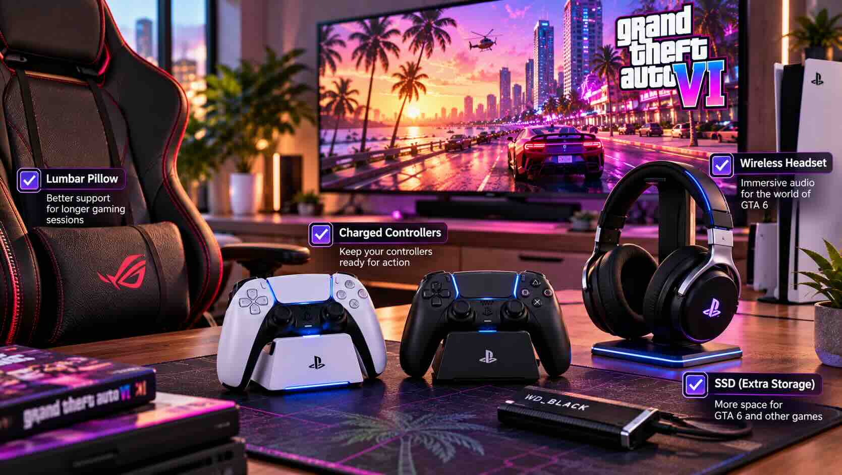 Charged controllers, a wireless headset, a lumbar pillow and an SSD laid out as a GTA 6 gaming setup checklist.jpg