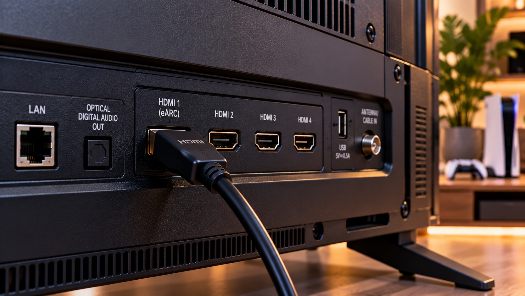 Close-up of the back panel of a modern TV with several HDMI ports and one cable plugged in.jpg