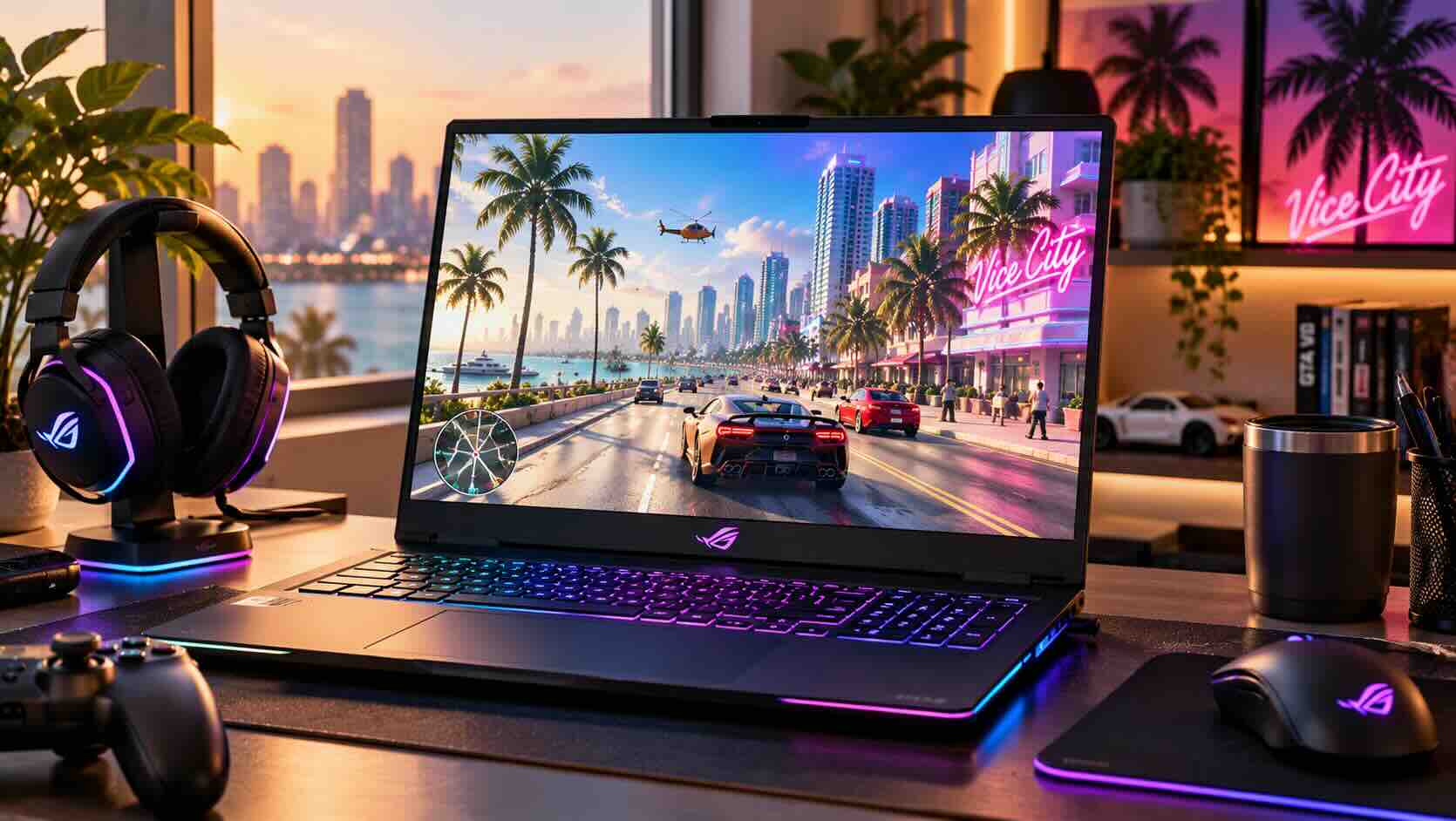 A gaming laptop for GTA 6 era play on a desk showing a sunny neon coastal city in an open-world game.jpg