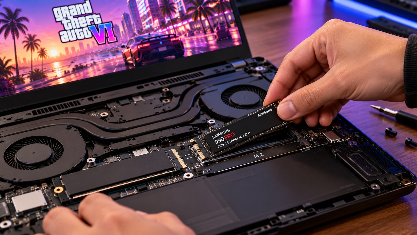 Technician hand installing an M.2 NVMe SSD into the spare slot of an open gaming laptop.jpg