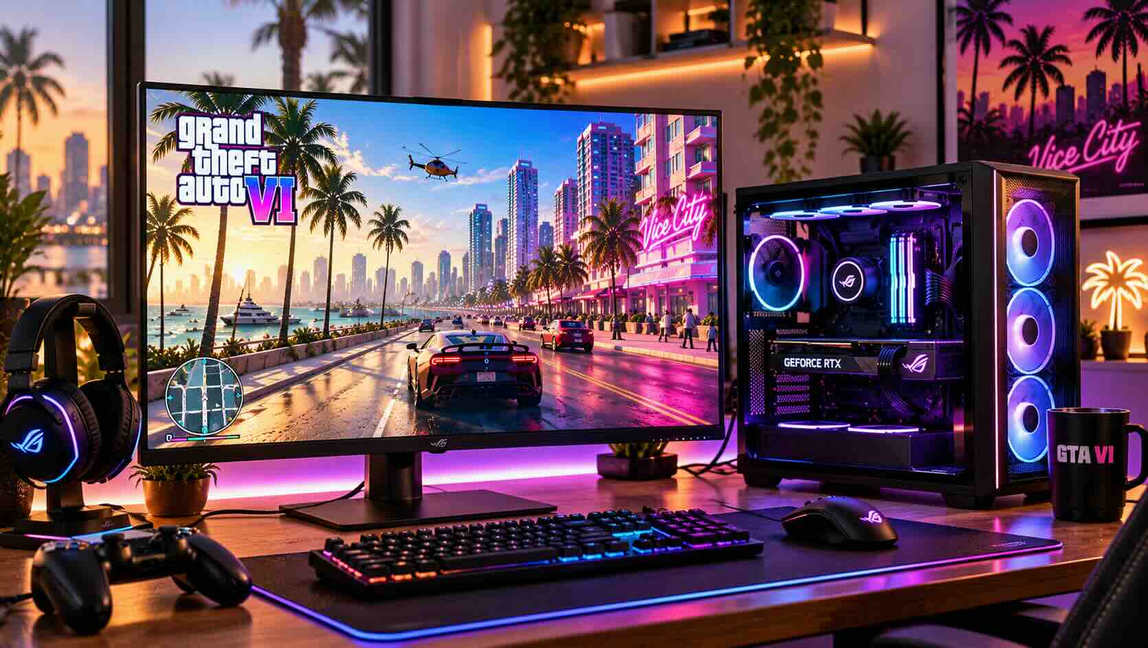 A gaming PC for GTA 6 on a desk beside a monitor showing a sunny neon coastal city