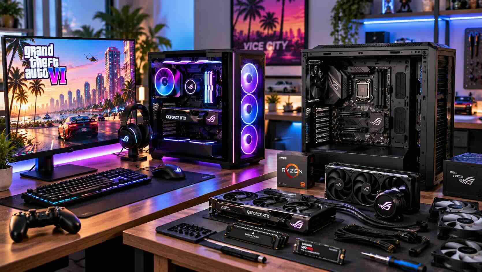 Two desktop paths side by side, a finished prebuilt tower and an open case with parts laid out.jpg