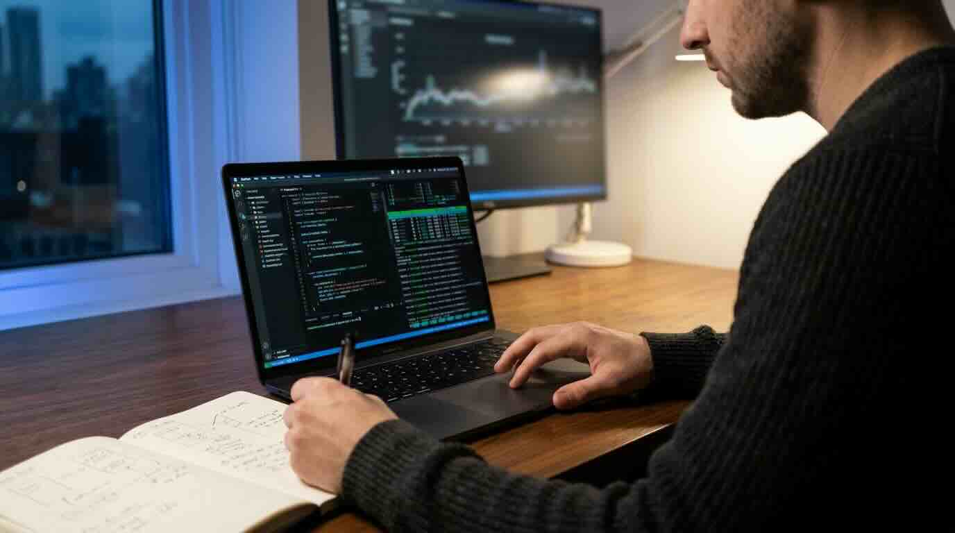 Developer running a local AI model on a laptop in a home office