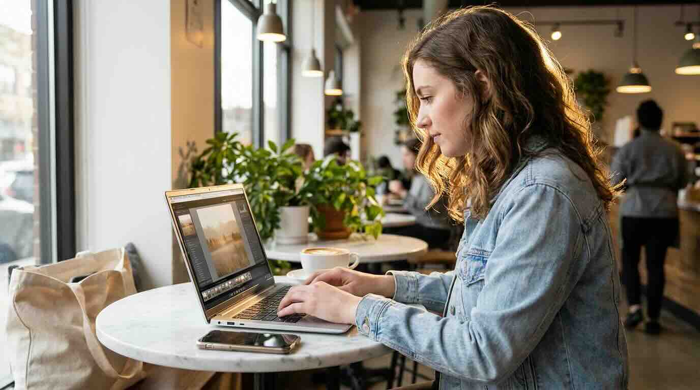 Professional working on a laptop at a cafe table