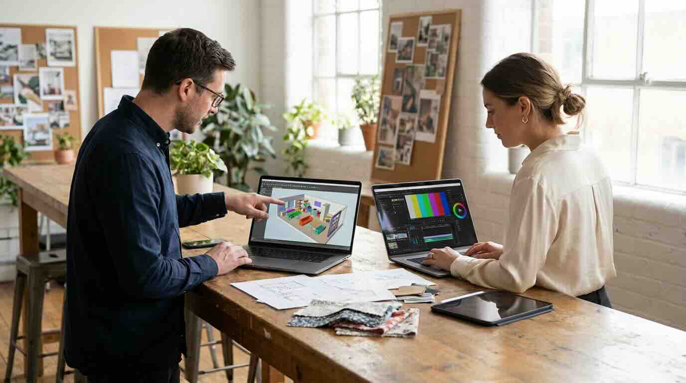 Two professionals comparing work on laptops in a bright studio