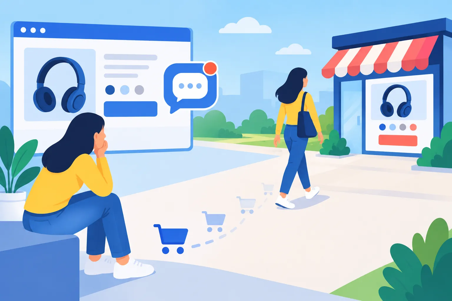 A customer leaves a product page and turns to another store while waiting for customer service to respond