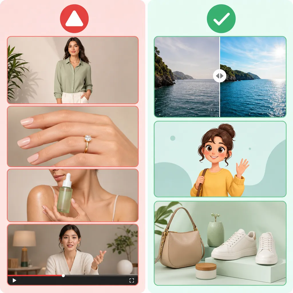 A side-by-side comparison showing product images with human figures that require labeling and cartoon or no-person product images that do not.
