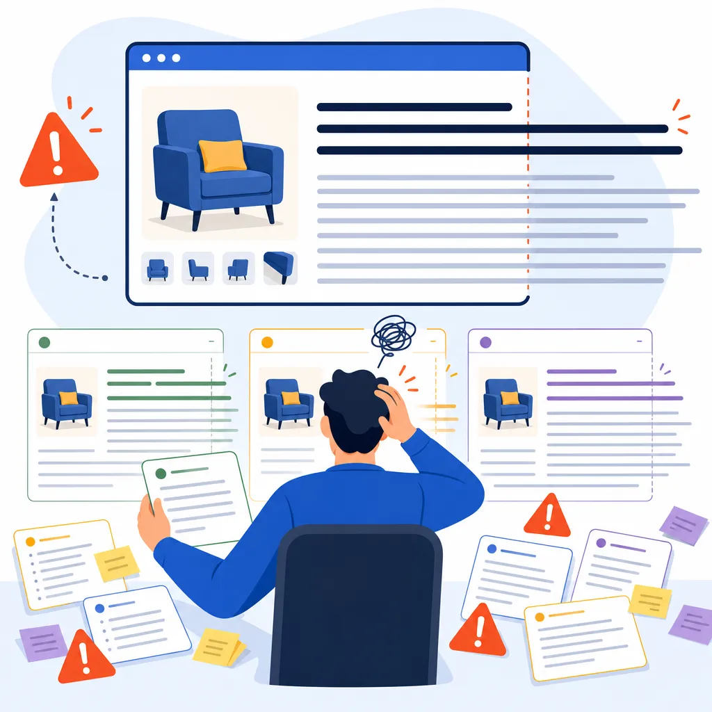 A product title and description exceeding the limit, being truncated, and requiring repeated revisions