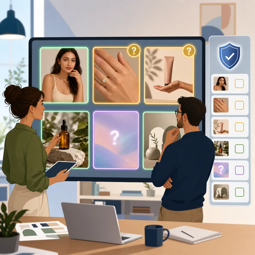 A seller checks images of models, hands, and arms one by one to determine whether AI-generated person disclosure is required