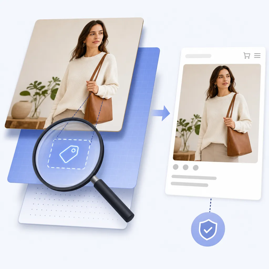 A hidden metadata label is embedded under a product image with a human figure, while the image itself remains unchanged.