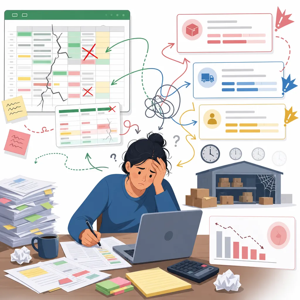 A seller looking confused by complex tables and fee items, struggling to calculate true profit accurately