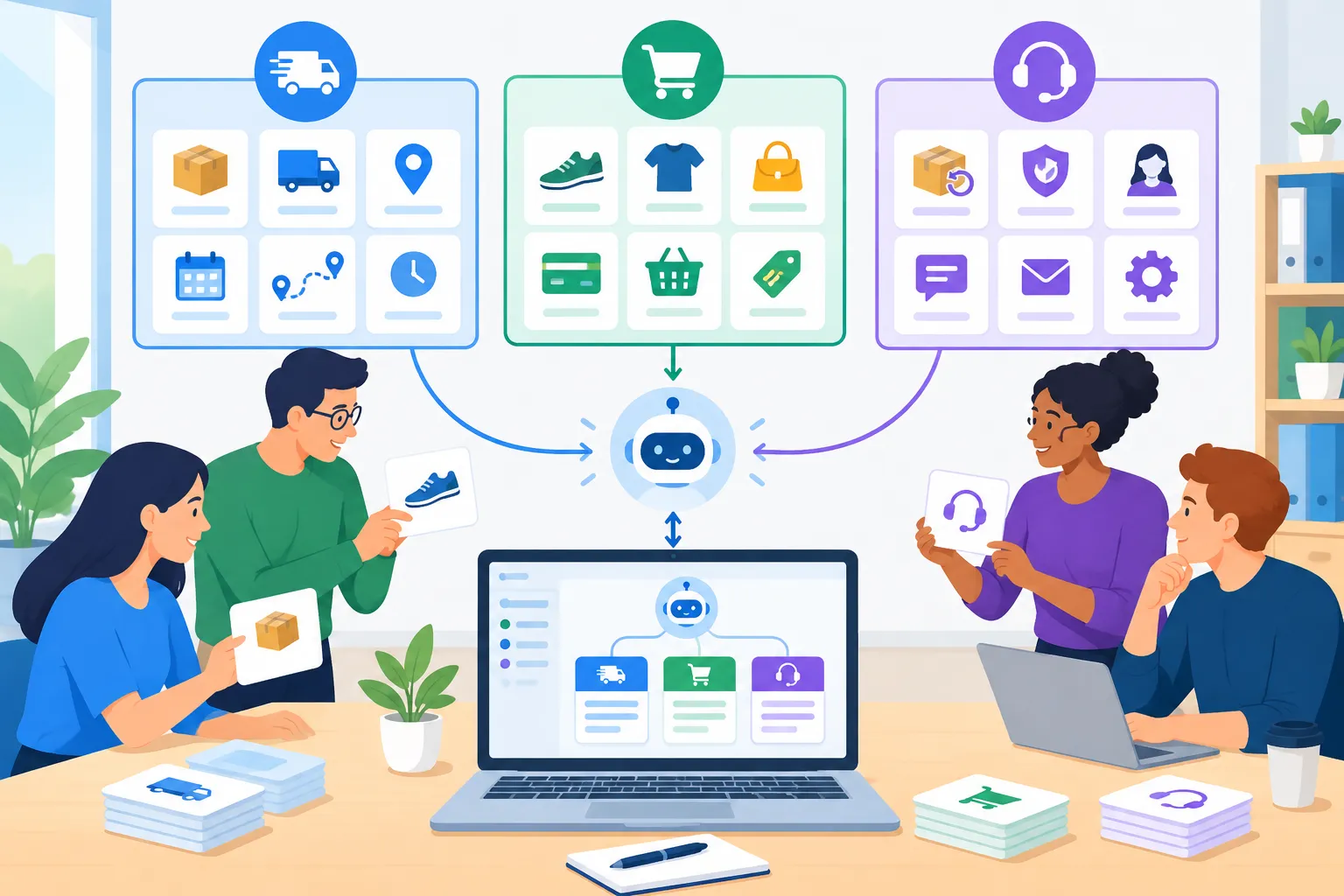 A team organizes shipping and delivery, product ordering, and after-sales boundaries into an AI customer service knowledge base