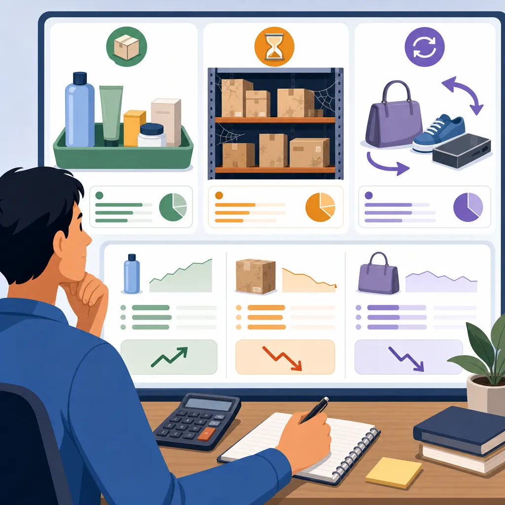 A seller regrouping small items, aged inventory, and high-return products to recalculate profit