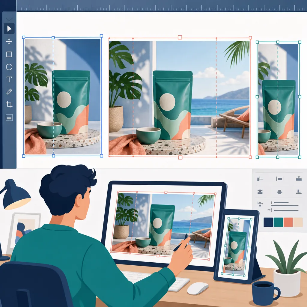 A designer adjusts the same product image to fit different layouts for desktop, premium pages, and mobile devices