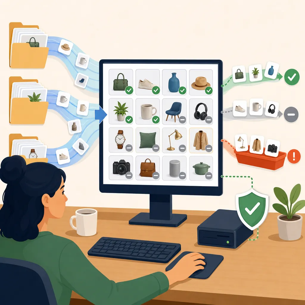 A seller batch-processes a large volume of existing product images locally, with automatic validation, tagging, and exception sorting.