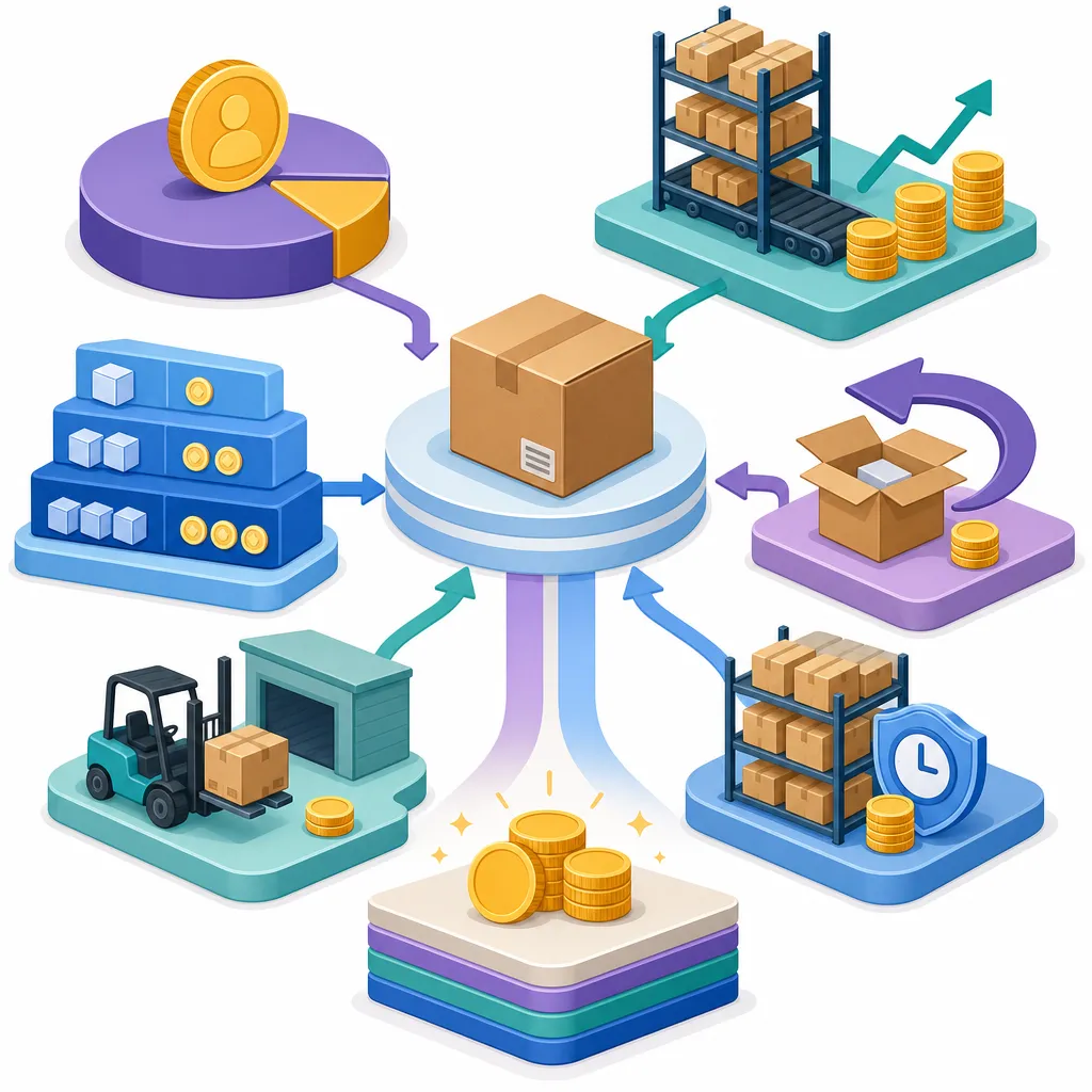 A package surrounded by layered cost changes including referral fees, fulfillment fees, return fees, and aged inventory surcharges