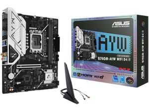 ASUS B760M-AYW WIFI D4 II Intel B760 (LGA 1700) microATX mATX motherboard, PCIe 5.0 x16 Support, two M.2 slots, DDR4, Realtek 2.5Gb Ethernet, Wi-Fi 6, HDMI, SATA 6 Gbps, front USB 5Gbps, Aura Sync
