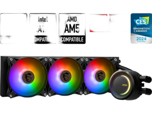 MSI MAG CoreLiquid E360 Black - AIO ARGB CPU Liquid Cooler - Rotating Cap Design - 360mm Radiator - Triple 120mm ARGB PWM Fans - LGA 1851,1700 Ready / AMD AM5 Compatible