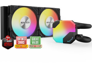 MONTECH HyperFlow ARGB 240 - AIO CPU Liquid Cooler, Intel&AMD Compatible, Chart-Topping Performance, Enhanced 3100RPM Water Pump Design, 2X Metal Pro 12 ARGB Ultimate Cooling Fans - Black