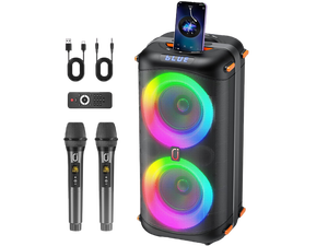 JYX Party Speaker, Portable Karaoke Machine, Dual Sub, Wireless Outdoor Speakers with Remote Control, DJ Lights, 2 Microphones, T27-T JYX Party Speaker, Portable Karaoke Machine, Dual Sub, Wireless Outdoor Speakers with Remote Control, DJ Lights, 2 Microphones, T27-T