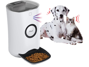 Rosewill Automatic Pet Feeder Food Dispenser for Cat or Dog, Up to 6.5 lbs of Dry Food with Alarm, Portion Control & Voice Recorder, Programmable, USB & Battery Powered, White - (RPPF-21001)