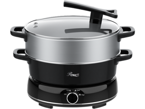 Rosewill 12.7 QT Electric Hot Pot with Multiple Functions, Split Design with 11.8 inch Wider Cooking Pot and SUS Steam Basket, 1600W High Power, Includes Utensils - Black