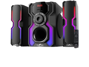 BeFree Sound BFS-A102 2.1 Channel Bluetooth Multimedia Wired Speaker Shelf Stereo System with Reactive LED Lights, FM Radio, USB & SD Inputs, 6 ohm - Black & Silver
