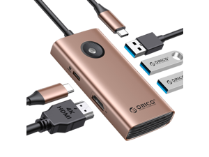 USB C Hub, ORICO 5-in-1 USB C Docking Station with 4K HDMI-Compatible, 60W Power Delivery, USB 3.0 5 Gbps and 2 USB 2.0 Data Ports USB C Dock for MacBook Air, MacBook Pro, XPS, and More (Gold)